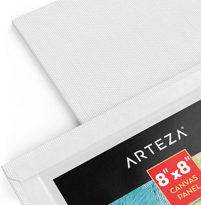 ARTEZA Canvas Panels 8x8 Inch, White Blank Pack of 14, 100% Cotton, 12.3 oz Primed, 7 oz Unprimed, Acid-Free, for Acrylic & Oil Painting, Professional Artists, Hobby Painters & Beginners
