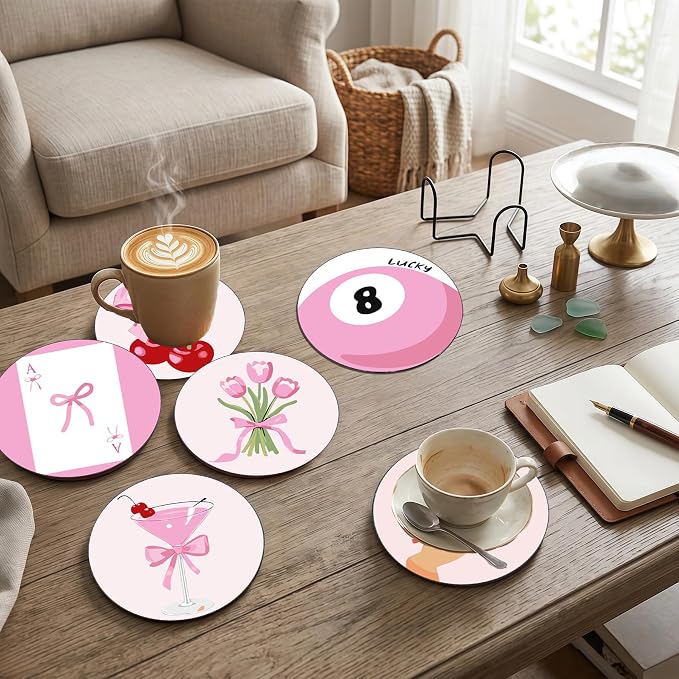 8 Pack Modern Paint by Numbers Kits Coasters with Holder Cork Pads | Pink Bow Paint by Number Kit for Adults Simple Round Oil Painting Coaster for Small DIY Craft Holiday Birthday Gift 3.9x3.9in