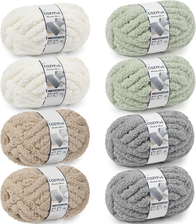 Cozyful Chunky Yarn for Hand Knitting - #10 Chunky Chenille Yarn, Jumbo Big Thick Chunky Yarns for Crocheting, Super Bulky Chunky Knit Blanket Yarns, 8 Skein (22yd, 8oz/Skein), Cream&Sage&Khaki&Grey
