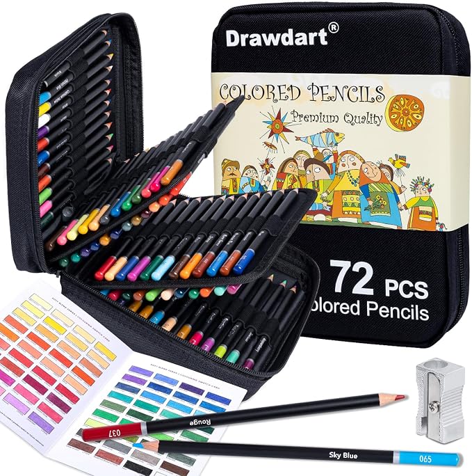 Drawdart 75 PCS Colored Pencils for Adult Coloring Books, 72 Colored Pencils with Zipper Case, Sharpener, Soft Core Oil-Based Coloring Pencils for Artists Drawing Sketching Blending Shading
