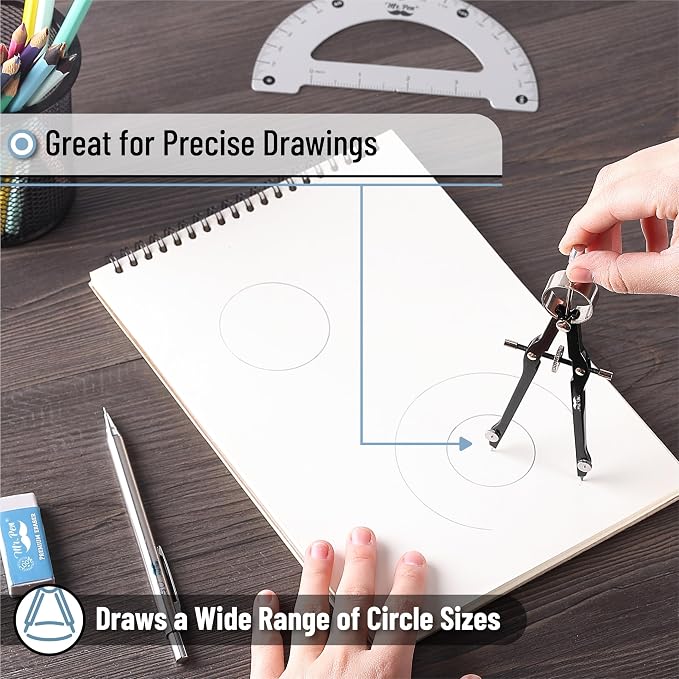 Mr. Pen- Professional Compass for Geometry, Extra Lead | Metal Compass Drawing Tool for Students, Drafting and Engineering, Technical Drawings, Circles and Geometry Projects