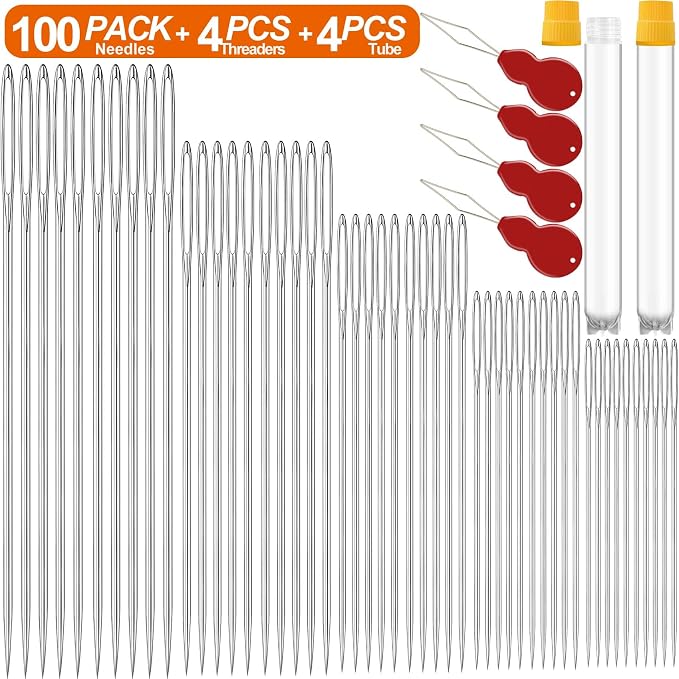 100 Pack Premium Large Eye Needles for Hand Sewing with Needle Threaders, Assorted Sizes, Embroidery Needles for Hand Sewing, Sewing Needles Large Eye, Big Eye Needle