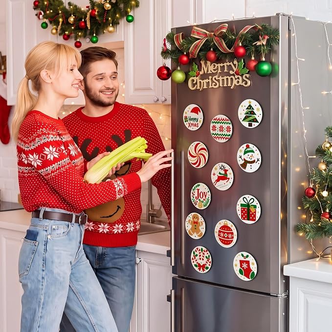 Zonon 12 Pcs Christmas Diamond Art Magnets Kit, Joyful Xmas | Holiday Diamond Painting Magnetic Stickers,Joy Snowman Reindeer Gingerbread,Red Green Diamond Fridge Magnets for Xmas Decor