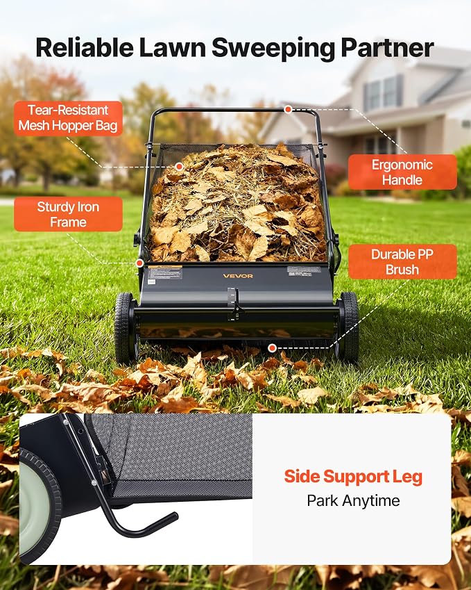 VEVOR Push Lawn Sweeper 26 Inch Leaf & Grass Collector Strong Rubber Wheels