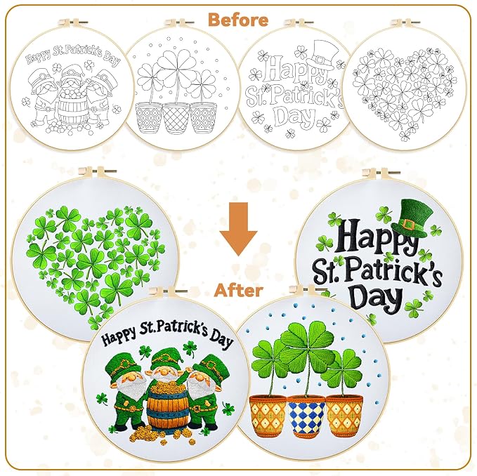 BEUNITONE 4 Set Lucky Clover Pattern Embroidery Kit for Adult Beginners | DIY Complete Needlepoint Kits for Adults, Cross Stitch Starter Kit with Hoops, Handmade Gifts for Fabric Home Decor 20x20cm