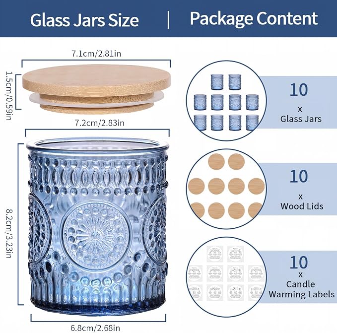 DARJEN 10 Pcs 8oz Glass Candle Jars with Lids, Candle Containers Tins-Blue | Premium Thick Glass, Secure Wooden Lids- Candle Jars for DIY Candle Making, Stunning Sunflower Design