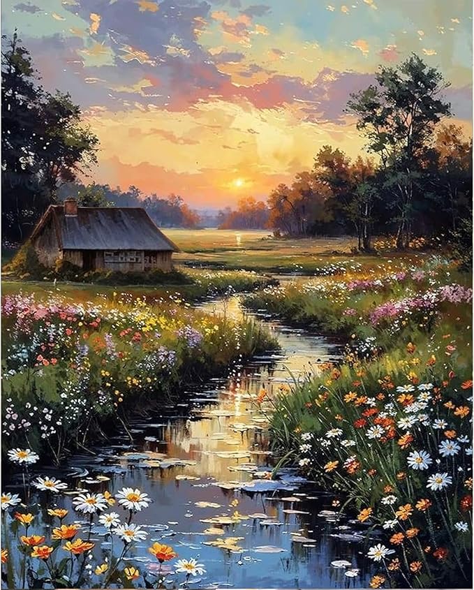 Paint by Numbers Kit for Adults, Sunset Cottage Number Painting Canvas Kit | DIY Acrylic Landscape Painting Set for Beginners, Stress Relief Relaxing Craft, Home Wall Decor, Gift for Adults, 16x20 Inch