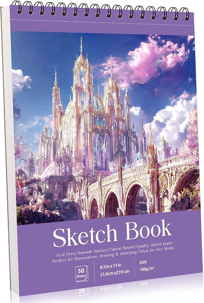 8.5×11 Sketch Book, Spiral Bound, 100 Sheets, Acid-Free, Purple | 68lb/100gsm Paper, Perforated Pages, Sturdy Backboard, Ideal for Pencil, Charcoal, Pastel & Crayon