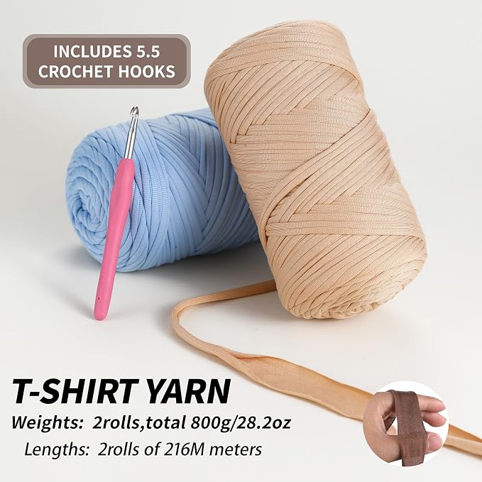 2 Pack T-Shirt Yarn - Together 800g/236 Yards Elastic Fabric Crochet Cloth T-Shirt Yarn, Thick Hand Knitting Yarns for Crocheting Bags/Rugs/Baskets/Craft Project (Modern, Baby Blue)
