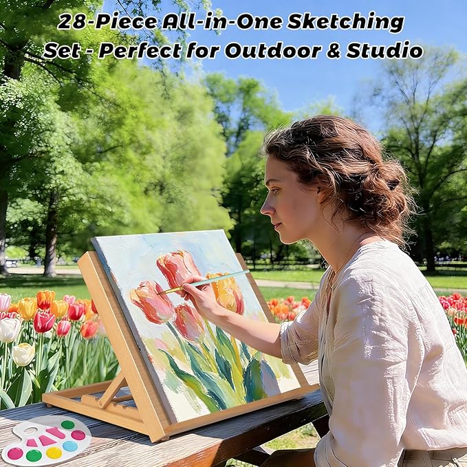 28Pack 18.5"x12" Beechwood Tabletop Easel Set with 12 Acrylic Paints