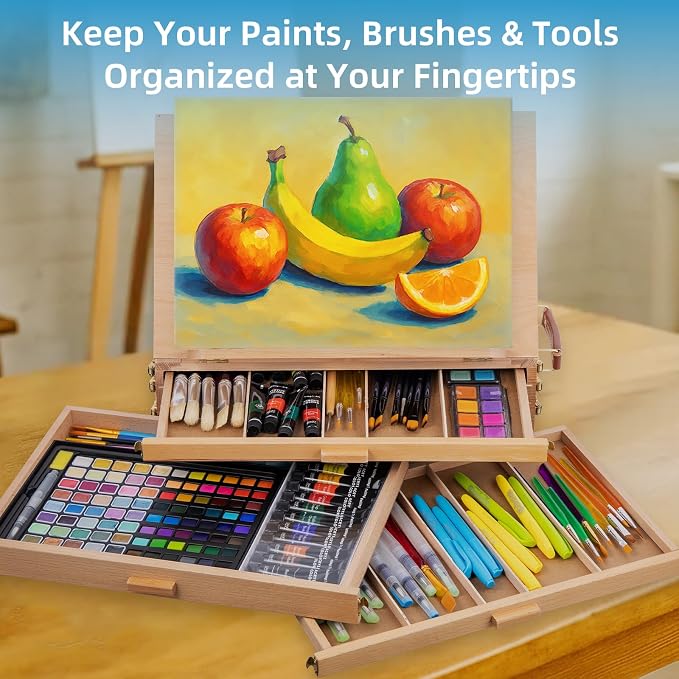 Portable Beechwood Table Easel with 3 Storage Drawers | Desktop Sketch Box Art Easel, Adjustable Tabletop Painting Stand for Teens and Adults