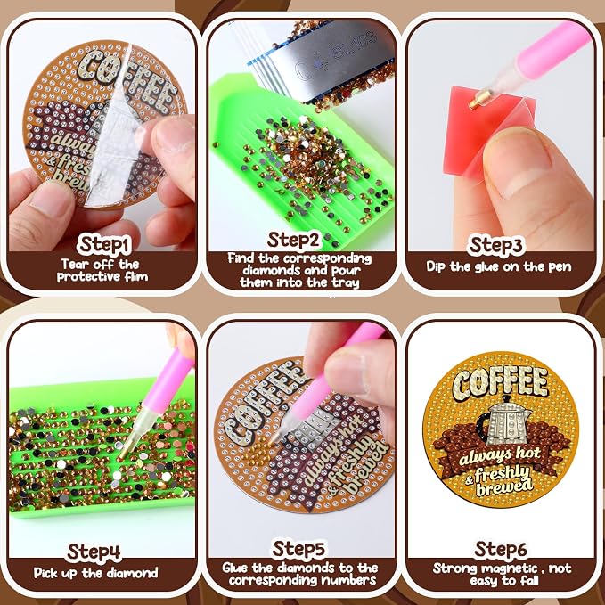 Zonon 12 Pcs Coffee Diamond Art Magnets, Diamond Painting Fridge Decor | Magnetic Stickers for Fridge Locker Board, Coffee Bar Decor with Kids, Small Painting Art Set in Home Kitchen