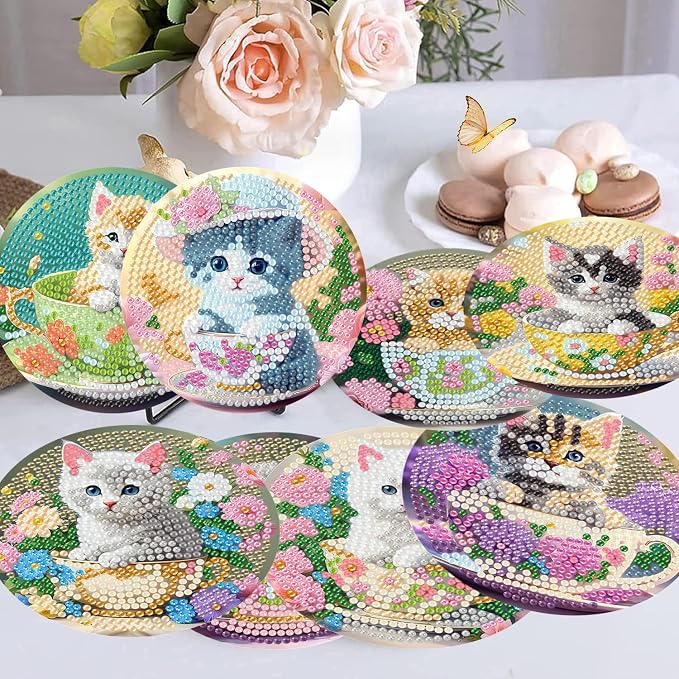 8 Pack Diamond Art Coasters Kits - Cute Cat Diamond Painting Coasters
