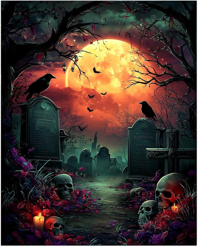 Gemozaic Halloween Paint by Numbers Kit for Adults - Horror Graveyard | Halloween Horrible Night Paint by Number, Raven DIY Acrylic Numbers Painting for Home, Wall Decor, Gift, 16x20 IN, Unframed