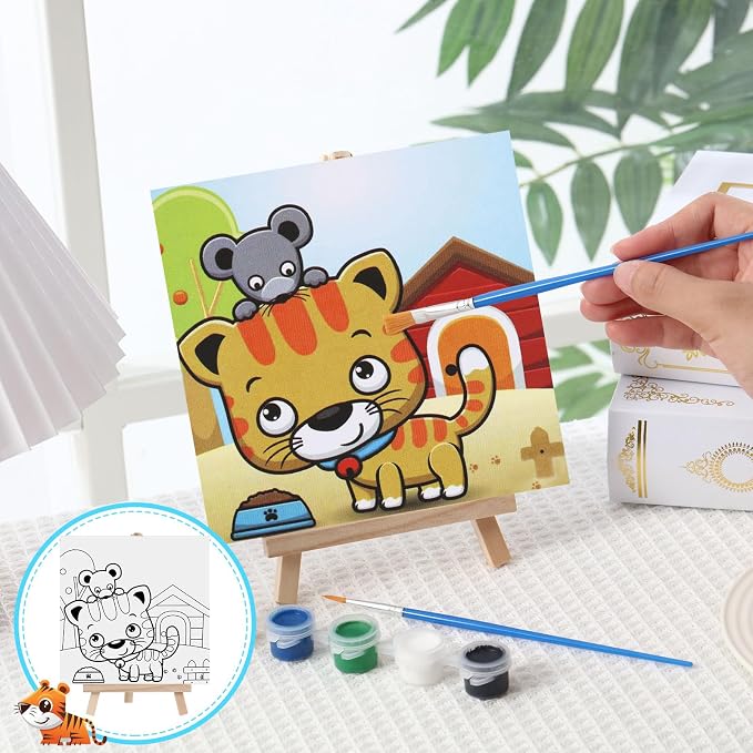 Tenceur 12 Sets Pre Drawn Canvas to Paint Adult Stretched Coloring Painting Canvas Panels with Design Easel and Brushes for Party Supplies Beginner Favor(Cute Style)