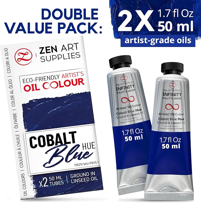 ZenART Professional Oil Paint Set - Artist Grade Cobalt Blue - 2x50ml | Non-Toxic, Buttery Consistency, Rich Pigment, Lightfast Oil Paints for Primed Surface Canvas, Fine Art, Portraits & Landscape