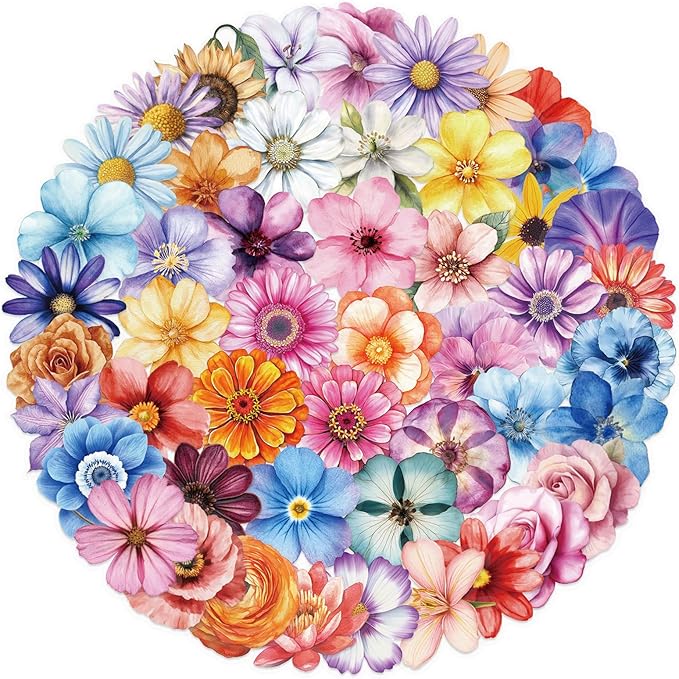 50PCS Flower Stickers PET Transparent Stickers Colorful Nature Decals Waterproof Decorative Decals for Scrapbook DIY Crafts Album Bullet Journal Planner Water Bottles Phone Cases Laptops