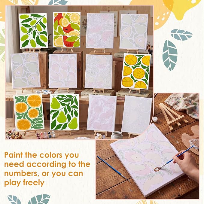 RoundFunny 12Set Paint by Numbers Kit for Adult Summer Fruit Painting 8x10 | with Wooden Frame Easel Acrylic Paints Brushes Watercolor Oil, DIY Stress Relief Paint by Number for Beginner Home Wall Decor