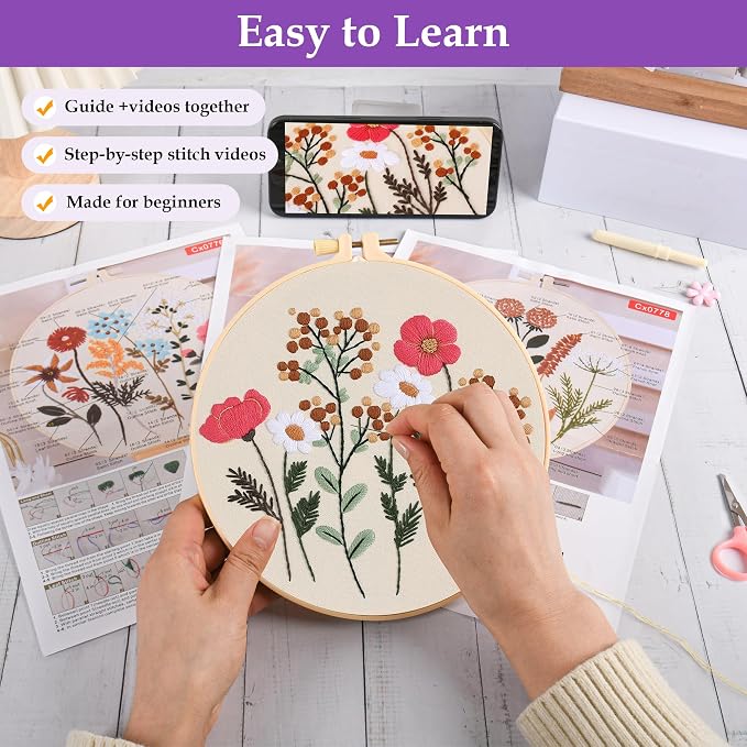 3 Sets Embroidery Kit, Cross Stitch Kits for Beginners, Needlepoint Kits for Adults with Floral Patterns, Hoop, Needles, Threads and Tools, Colorful Threads, Easy to Learn Step-by-Step Guide & Video
