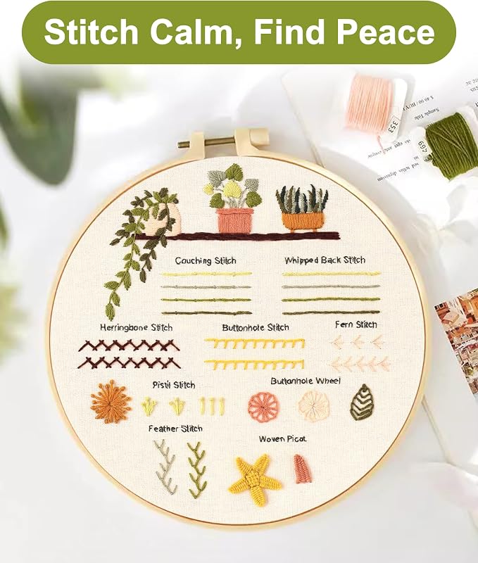 Santune 3 Sets Embroidery Kit for Beginners Adults,Learn Over 30 Different Stitches,DIY Cross Stitch Kits,Including Clear Instructions,Video Tutorials,Stamped Flower Patterns,Hoop,Color Threads,Tools