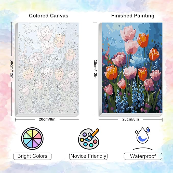 Flowers Framed Paint by Numbers Kit for Adults Beginner & Kids Ages 8-12 | With Frame Canvas 8x 12 inch, DIY Acrylic Painting by Numbers Colorful Flower, Stress Relief Craft Kits, Home Wall Decor Gift