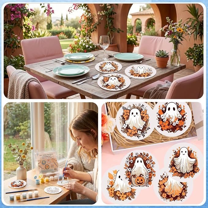 8 Pack Halloween Paint by Numbers Kits Coasters with Holder Cork Pads | Autumn Ghost Paint by Number Kits for Adults Simple Round Oil Painting Coaster for Small DIY Craft Holiday Gift 3.9x3.9in