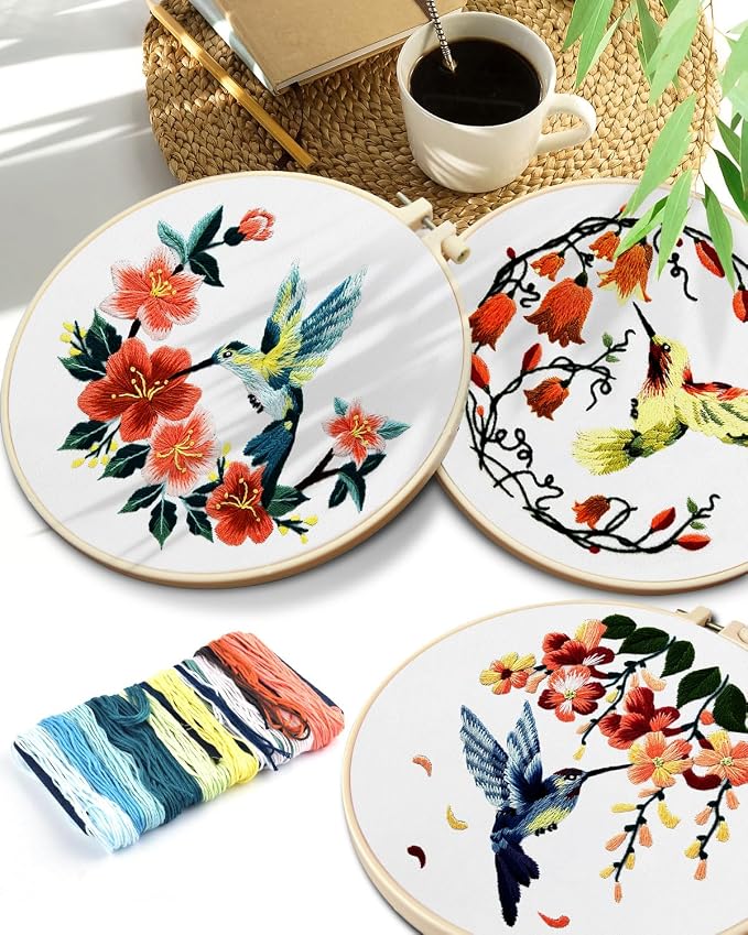 TINDTOP Hummingbird and Flower Embroidery Kit for Adults | Embroidery DIY Starter Kit, with Stamped Patterns, Hoop, Tools, Colorful Threads with Needles, Instructions