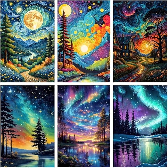 NEGEKFKX 6 Pack Paint by Numbers Kit for Adults Beginner,Starry Night Easy Adult Paint by Number Kits on Canvas DIY Painting for Beginners Art by Numbers for Home Wall Decor 10x12 Inch