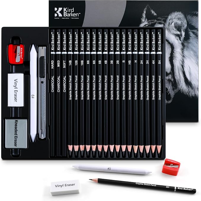 24PCS Professional Sketch Pencil Set – 5H to 14B Pencils, Charcoal Pencils, Art Supplies Kit with Erasers, Sharpener, Knife – Ideal Gift for Artists, Students, Kids, Beginners