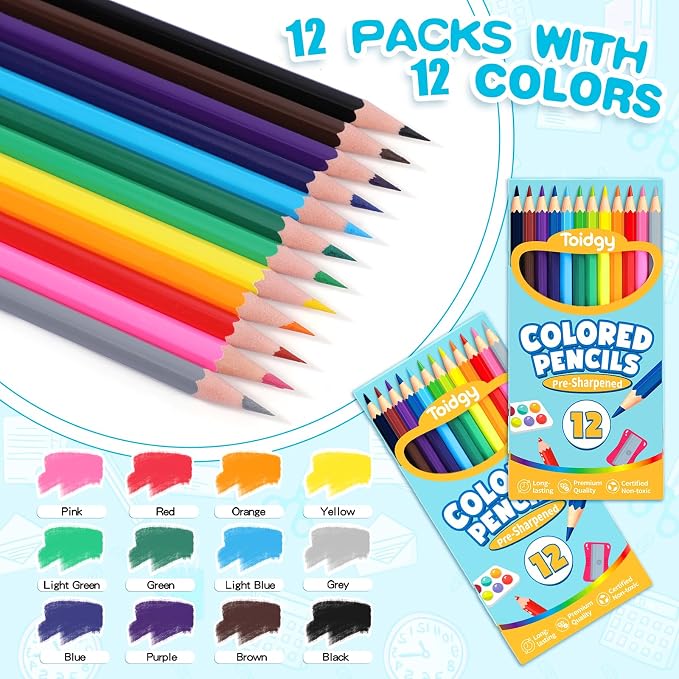 144 Count Colored Pencils for Kids, 12 Packs Colored Pencils Bulk 12 Colors | Pre-sharpened Color Pencils for Adults, Bulk School Supplies for Teachers, Back to School Supplies, Classroom Prizes