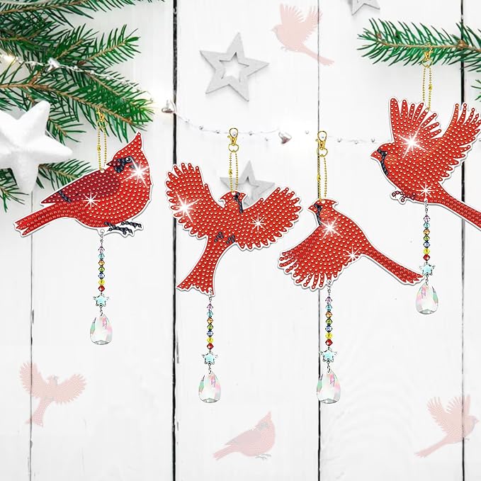 6 Pcs Cardinal Bird Diamond Painting Wind Chimes 5D DIY Diamonds Painting Suncatcher Ornament Double Sided Diamond Art Suncatcher Hanging Crystal Pendant Best Gifts for Mom