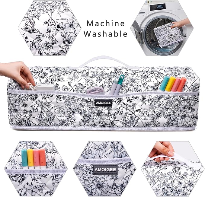 AMOIGEE Dust Cover for Cricuttt Maker 4 & Explore 4/3, Maker 3, Air 2, Quilted Protective Cover with Storage Pockets for Cutting Machine, Floral Fabric Anti-Dust Cover for Craft Machine Organizer