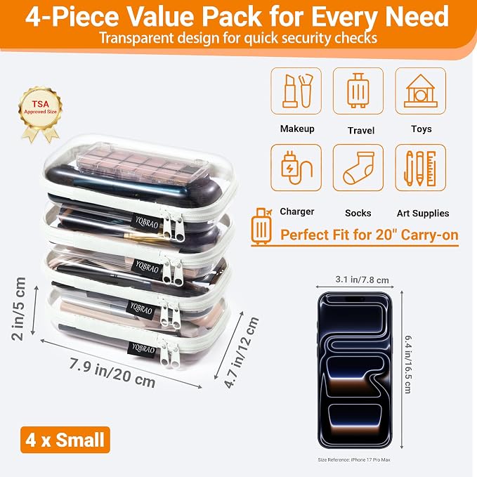 YQBRAO Clear Hard Shell Zipper Cases, 4 Small Cable Organizers, White