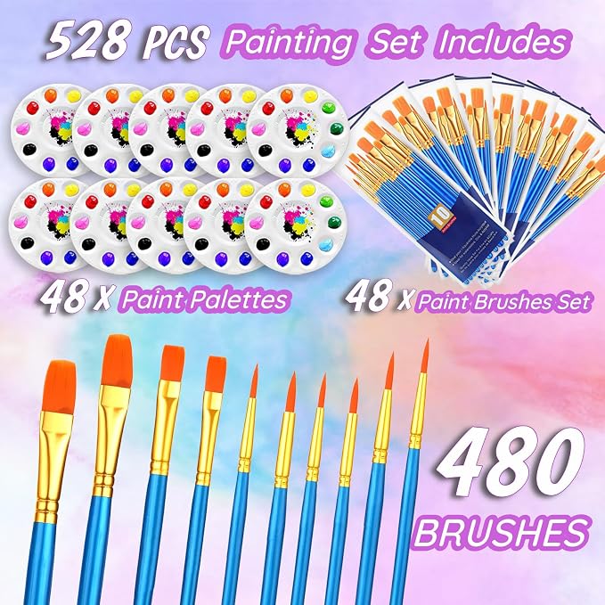 528PCS Valued Paint Brushes and Palettes Set，48Pack of 480PCS Paint Brushes Bulk, 48 Paint Paint Trays, Artist Acrylic Brushes Nylon Brush Head, Suitable for All Purpose Oil Watercolor Painting Set
