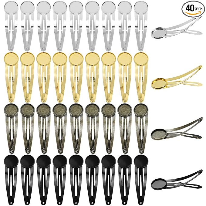 Lawie 40 Pack 5cm 2 Inch Small Silver Gold Bronze Black Flat Round Tray Glue Pad Snap Hair Clips for Crafting Blank Hair Barrettes Base Hair Pins Arts and Crafts DIY Hair Jewelry Making Accessories