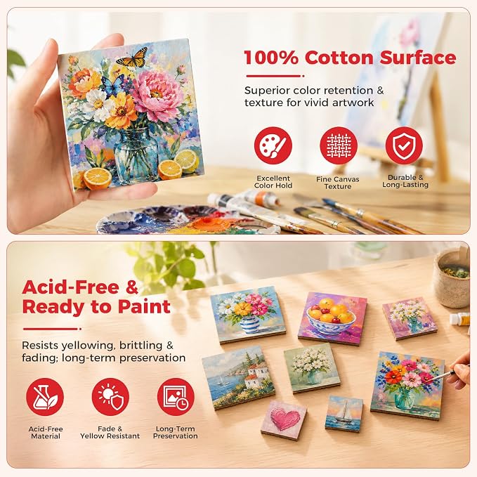 CONDA 60 Pack Multi-Size Mini Magnetic Canvas Panels, Small Canvases for Painting for Oil, Acrylic, Pouring Watercolor & Art Crafts DIY