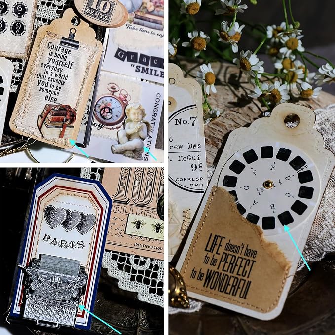 CATaireen Vintage Junk Journal Items Kit Pre Cut Paper Cards Cutout Cardstock Art Aesthetic Decor Hollow Out Craft Elements Small Embellishments Supplies for Adults Scrapbook Pack (Typewriter)