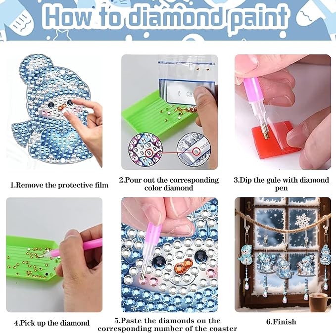 JeCuiK 6 Pcs Christmas Diamond Art Cute Snowman Diamond Art Kits for Adults Diamond Painting Wind Chimes Suncatcher Double Sided DIY Diamond Painting Kits Christmas Ornament