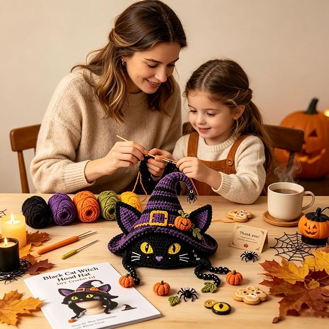 Halloween Hat DIY Crochet Kit, Fantasy Hood Hat DIY Crochet Kit, Cat