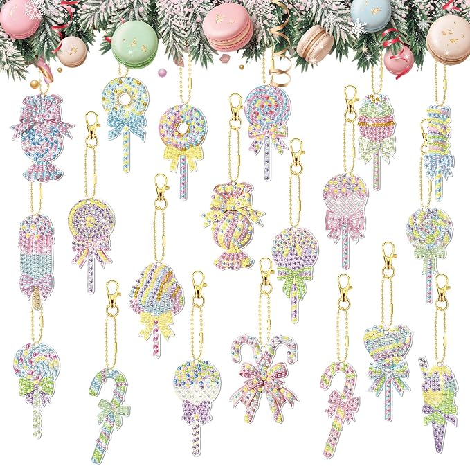 Tondiamo 20 Pcs Christmas Macaron Candy Diamond Painting Keychain Kits 5d DIY Diamond Art Pendants Double Sided Hanging Key Chains for Christmas Party Decoration DIY