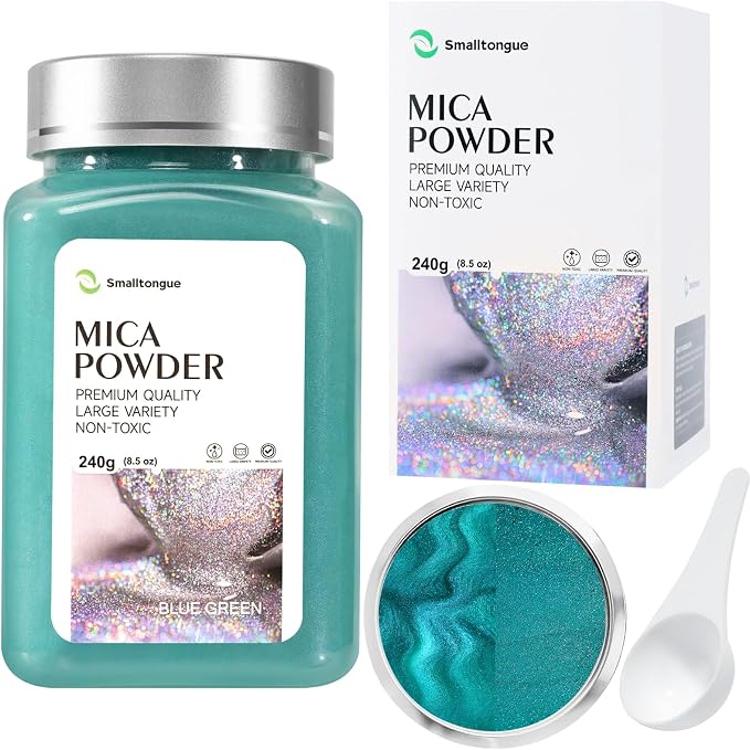 Mica Powder, Blue Green, 240g with Scoop, Complies with ASTM D-4236 | For Epoxy Resin, Soap, Bath Bomb, Candle| Safety Material| Odorless| Brilliant Colors