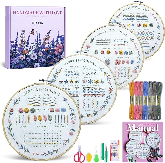 ETSPIL Beginner Embroidery Kit, 4K Video, 4 Floral Patterns, Gift Box | 4 Pre-Printed Wreath Designs. Embroidery Stitch Book Kit, Step-by-Step. 20% Extra Floss. Easy to Start, Relaxing Craft