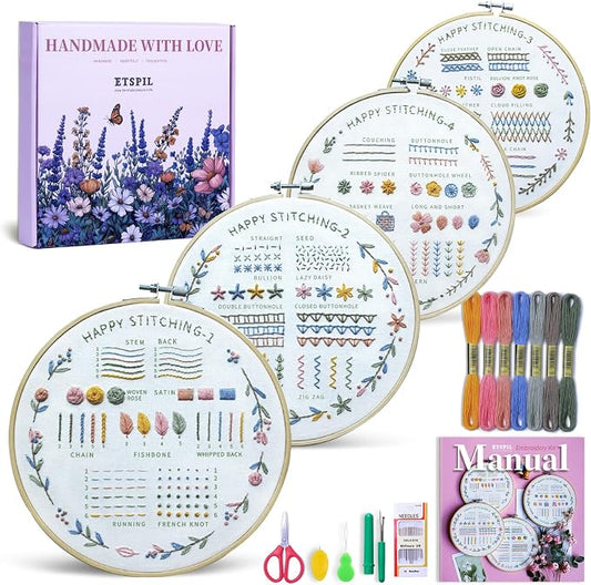 ETSPIL Beginner Embroidery Kit, 4K Video, 4 Floral Patterns, Gift Box | 4 Pre-Printed Wreath Designs. Embroidery Stitch Book Kit, Step-by-Step. 20% Extra Floss. Easy to Start, Relaxing Craft