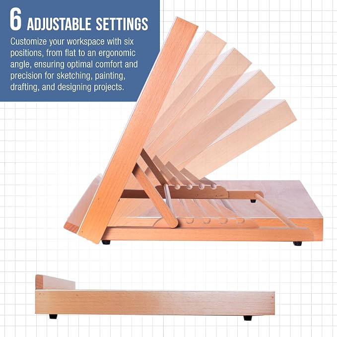 U.S. Art Supply Large 18-1/2" x 14-1/8", A3 Wooden Drawing Board Adjustable | Table Top Easel for Painting and Drawing - Drafting Board with 6 Angles, Pencil Ledge