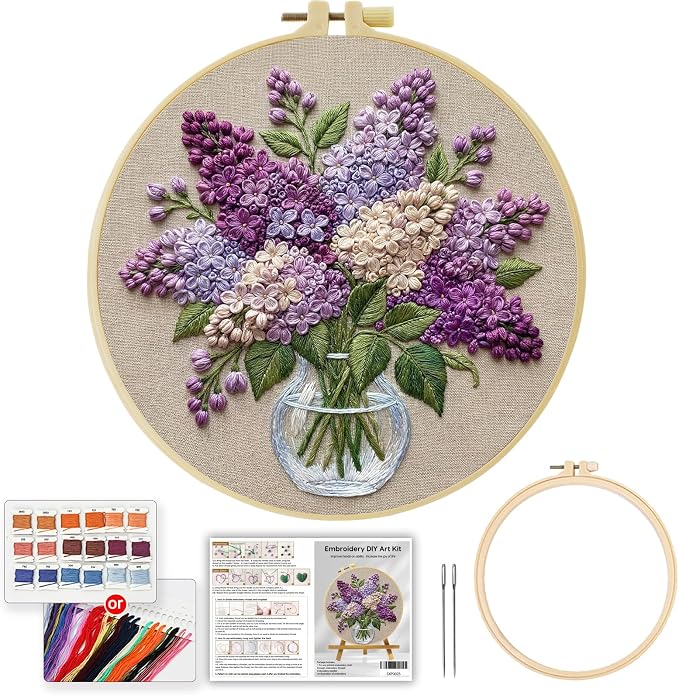 Full Range Embroidery Kit for Adult, Green Plant Pattern Embroidery Kit for Beginners Include Embroidery Cloth Hoops Threads for Craft Lover Hand Stitch with Embroidery Skill Techniques (clear glass)