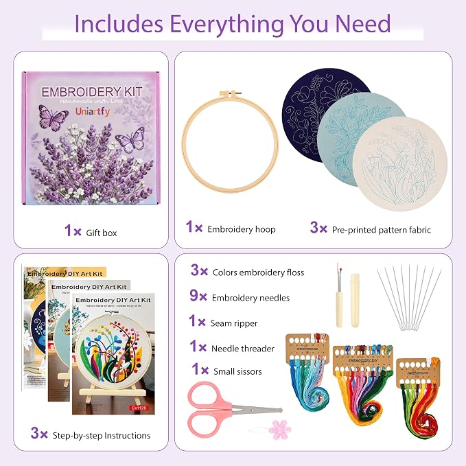 Uniartfy 3 Pack Embroidery Starter Kit for Beginners, Stamped Cross Stitch Kits for Adults with Flowers Plants and Fruits Patterns with 1 Embroidery Hoop and Color Threads, Handmade Needlepoint Kits