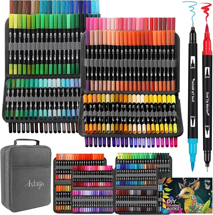 Artugn 168 Colors Dual Markers Brush Pens for Adult Coloring Books with Bag | Art Marker Set with Fine & Brush Tip Pen for Bullet Journaling, Coloring, Drawing, Hand Lettering, Calligraphy, Art Supplies