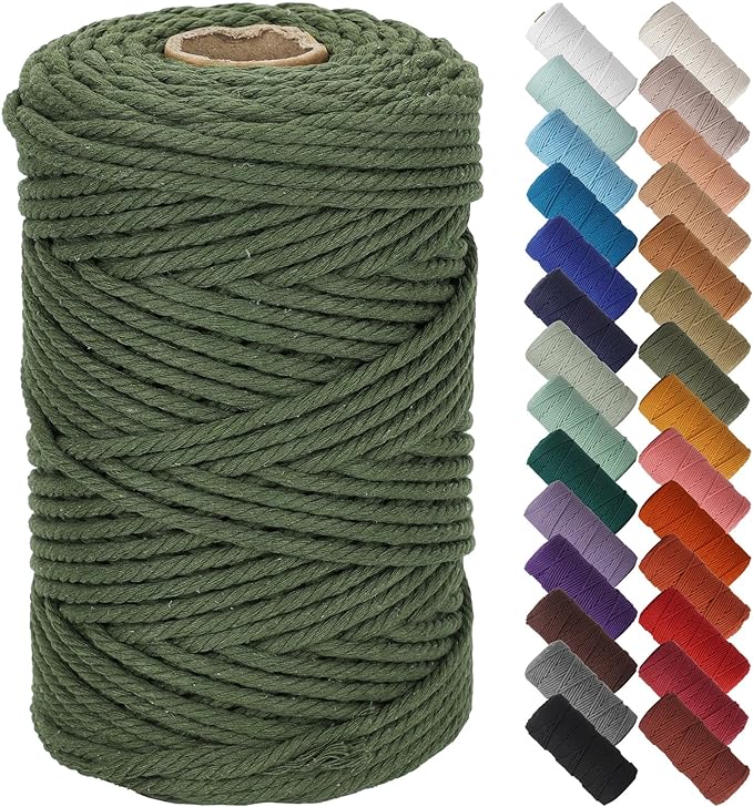 NOANTA Olive Green Macrame Cord 5mm x 109yards Cotton Rope Macrame Yarn | Macrame Rope Supplies, 3 Strand Twisted Cotton Yarn String, Cotton Cord for Wall Hanging, Plant Hangers, Crafts, Knitting