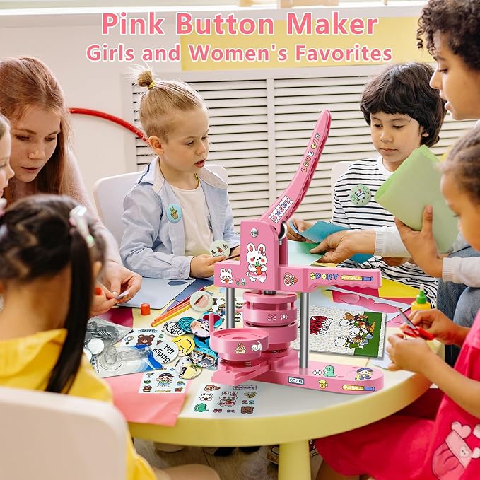Happizza Button Maker Machine Multiple Sizes, Pin Maker Machine 1+2.25 inch, Badge Button Press Machine with Cute Stickers and 200 Sets Button Making Supplies&Circle Cutter for Girls Women(Pink)