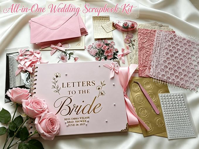 Ratutodax Letters to The Bride Scrapbook Kit,10"x8" DIY Wedding Guest Book | Blush Pink;Lay-flat gold coil design;50 blank pages of 180gsm;Fits 5" x 7" photos;160+ accessories;Bridal Shower Gift